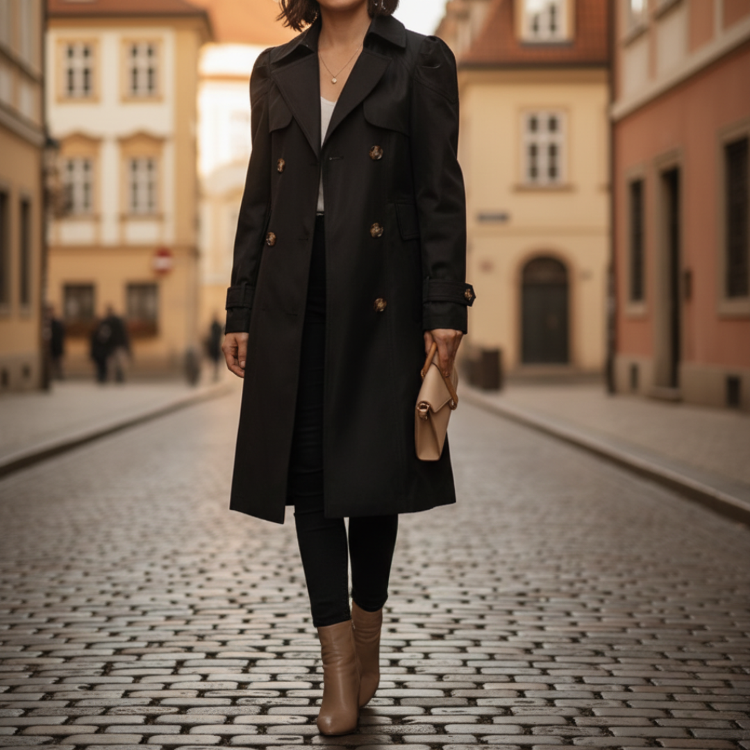 Long women's trench coat button closure classic collar elegant versatile outerwear full coverage