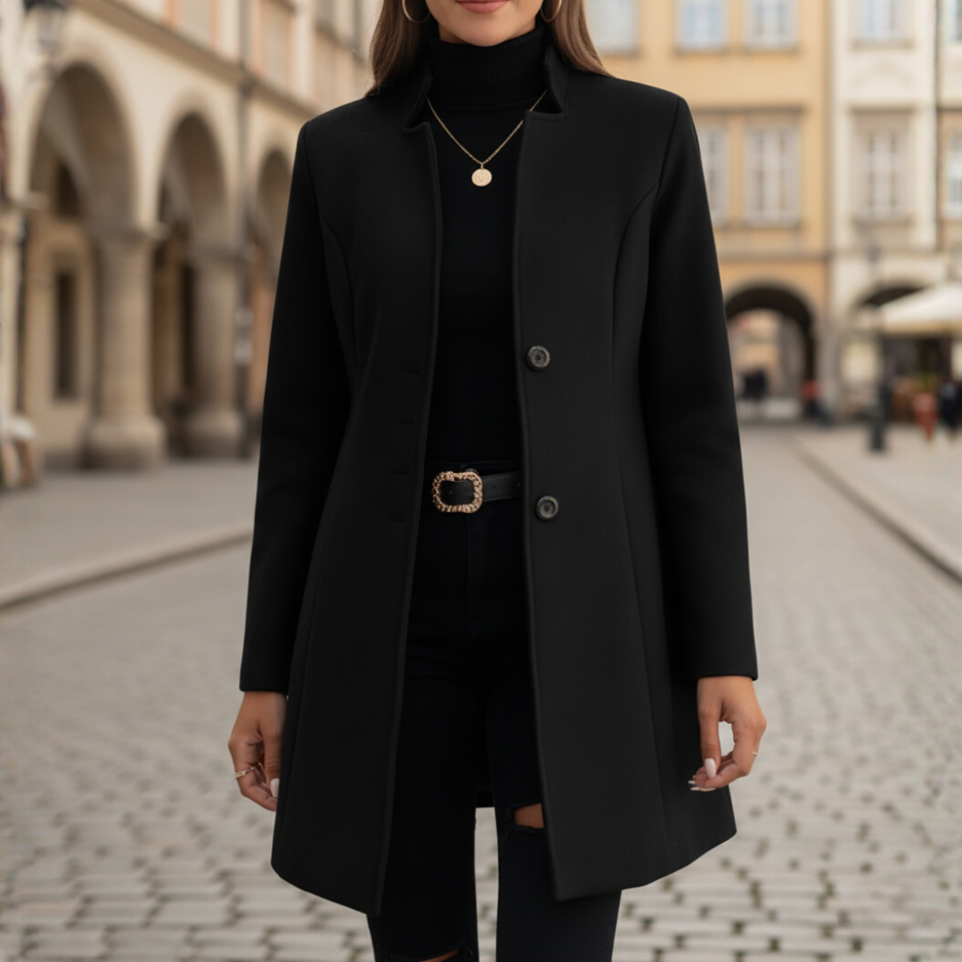 Women's long polyester coat in black, green or navy blue with classic button closure