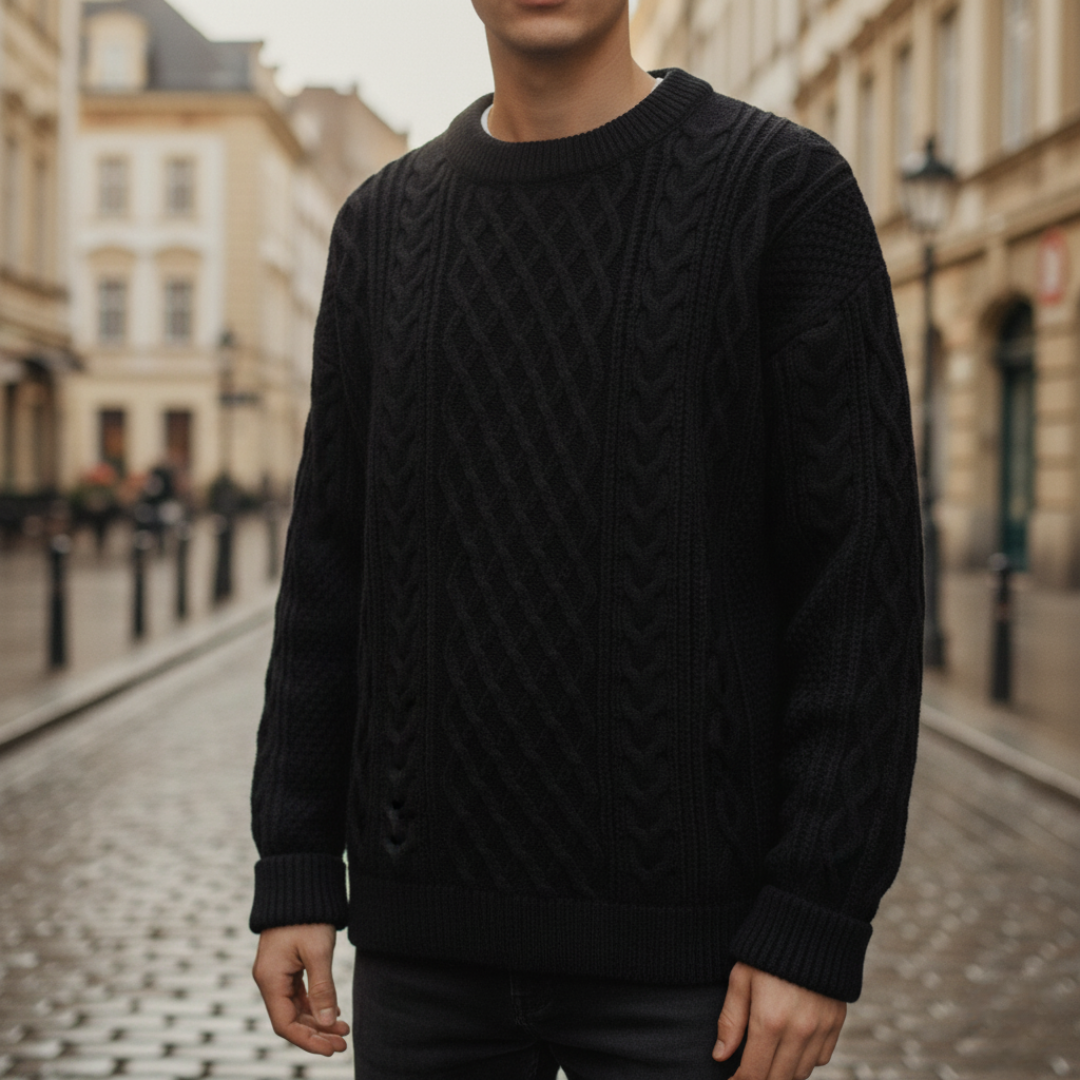 Men's cable knit crew neck sweater soft yarn classic pattern versatile cold weather layering