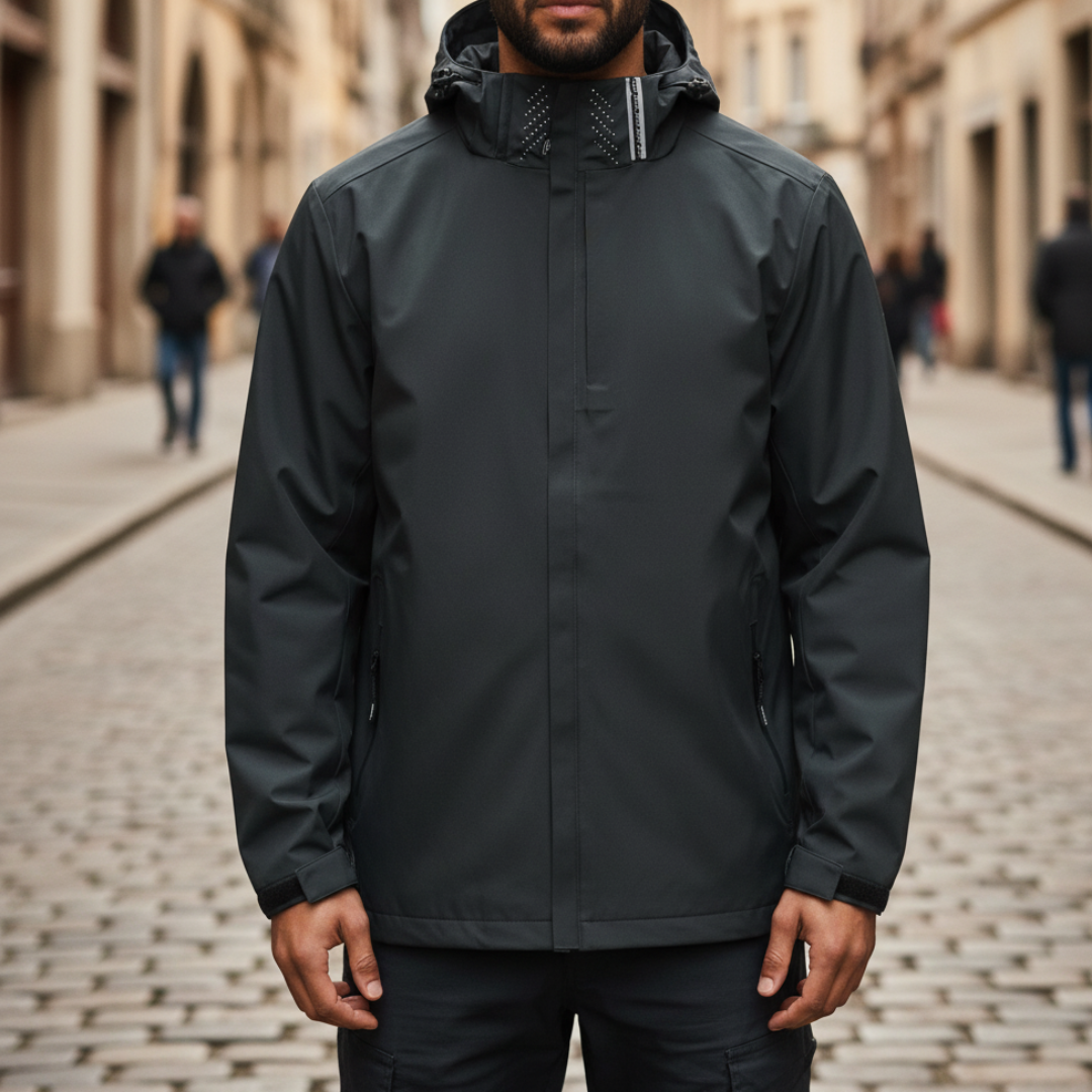 Men's lightweight waterproof hiking jacket, breathable windproof polyester with adjustable hood
