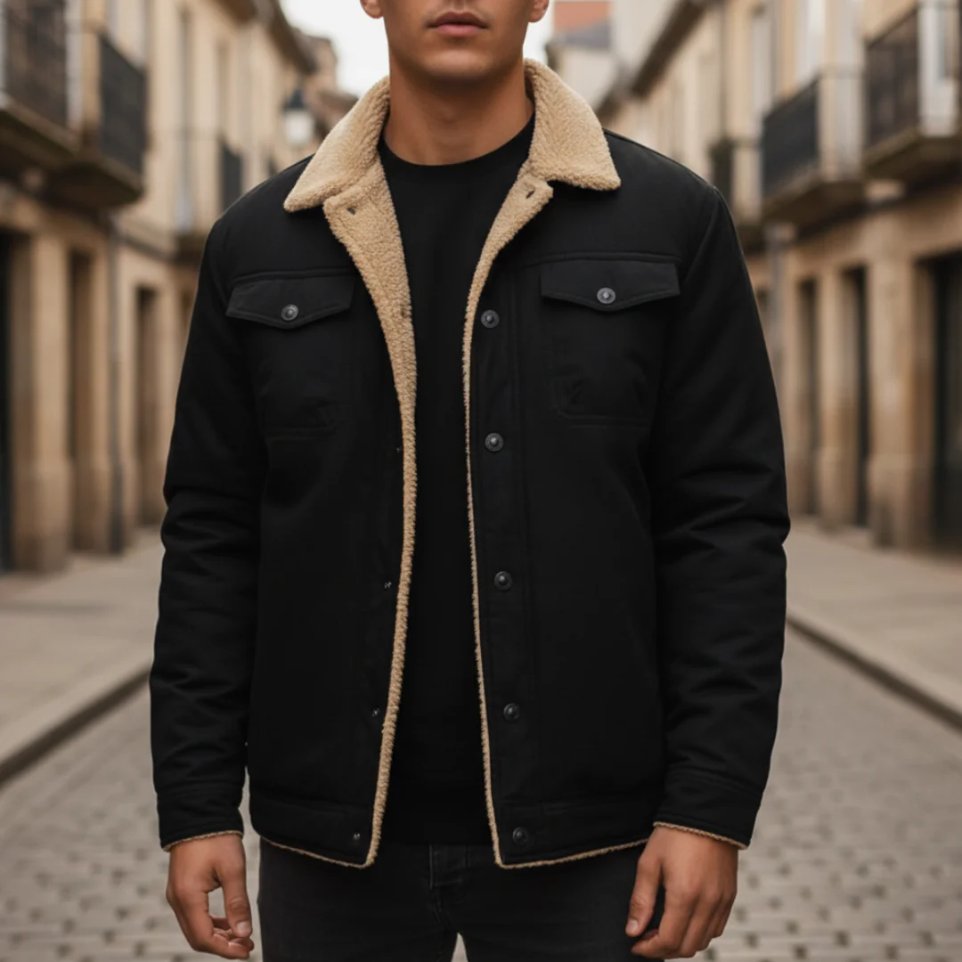 Men's winter jacket black classic cut with warm lined collar durable all-season outerwear