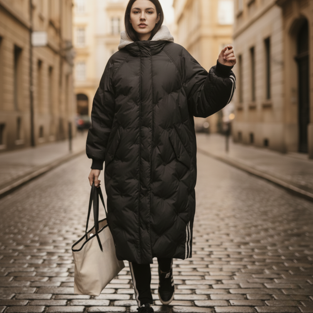 Women's long down parka in technical fabric with insulating hood for cold-weather everyday wear