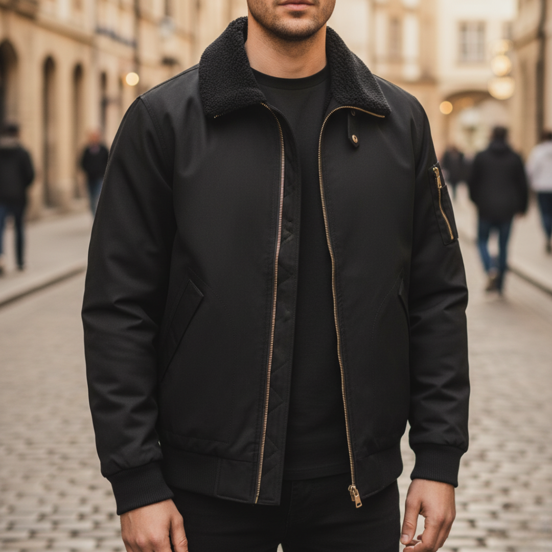 Men's black bomber jacket with removable shearling collar, polyester shell, cold weather style