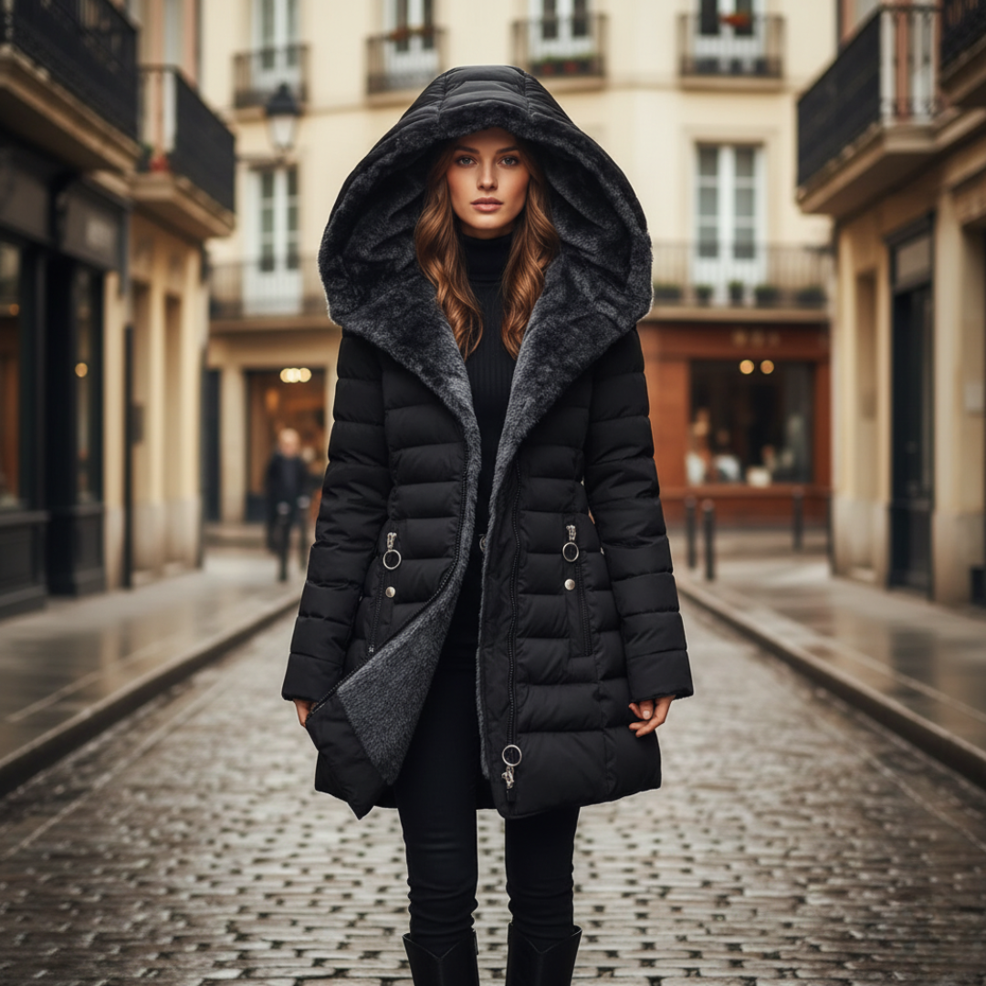 Women's black waterproof long down jacket with fur hood, lightweight winter coat for cold weather