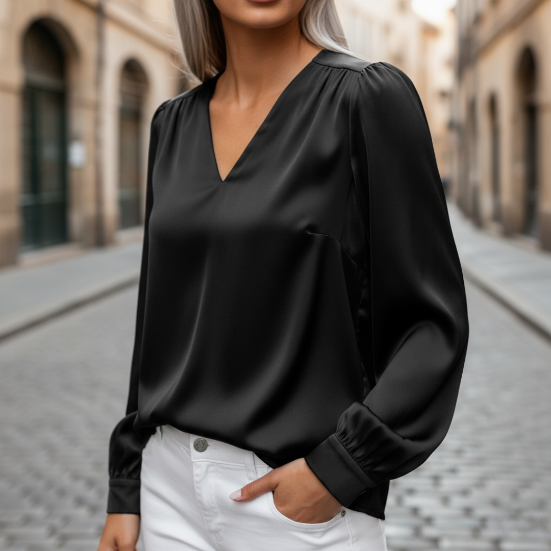 Women's satin long sleeve V-neck blouse elegant silky lightweight top with front closure
