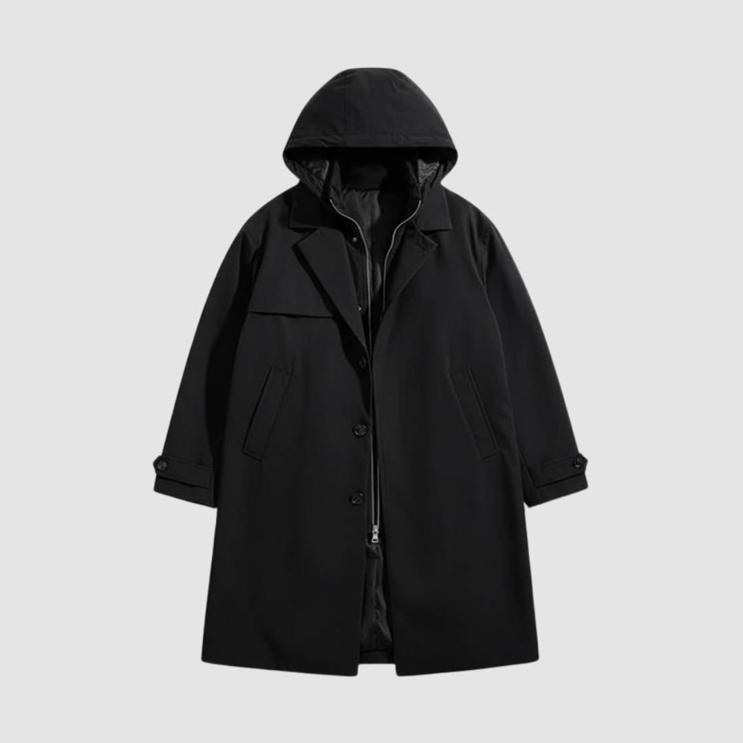Men's hooded winter coat with adjustable hood, button-zip front closure, warm casual fit