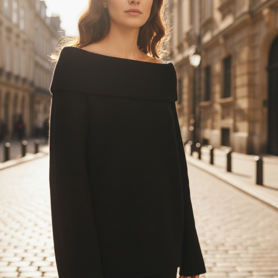 Women's off-shoulder ribbed knit top blended fabric fitted silhouette wide folded neckline casual