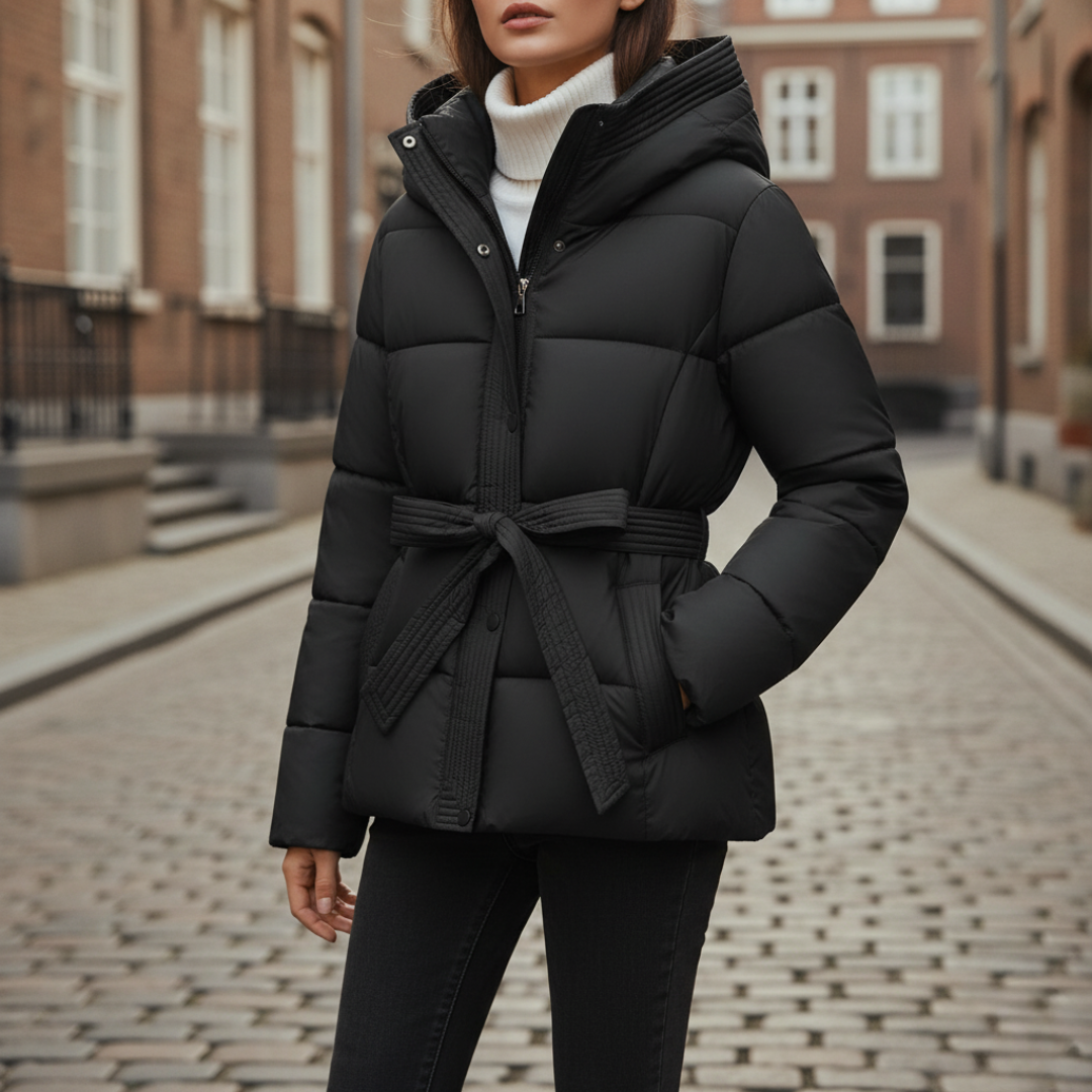 Women's windproof hooded down jacket synthetic fill belted silhouette adjustable hood cold weather