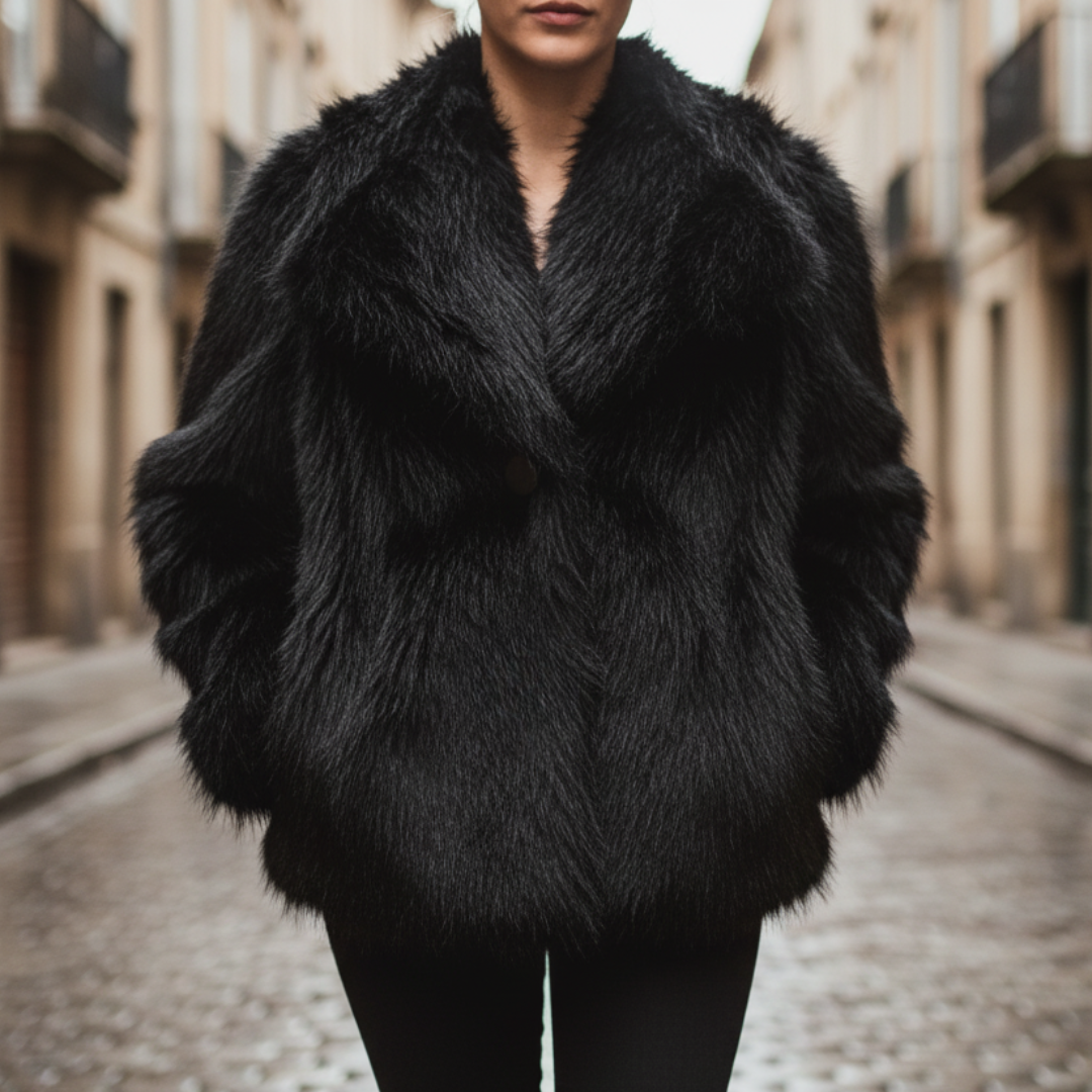 Women's faux fur long jacket in beige black brown gray khaki with collar and front pockets