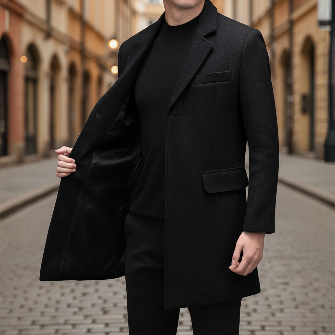 Men's black single-breasted winter coat with notch lapels and two-button closure heavyweight polyester