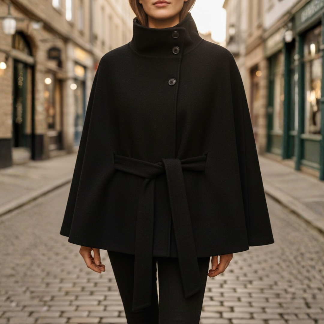Black women's lightweight polyester coat with high collar and adjustable belt for elegant silhouette
