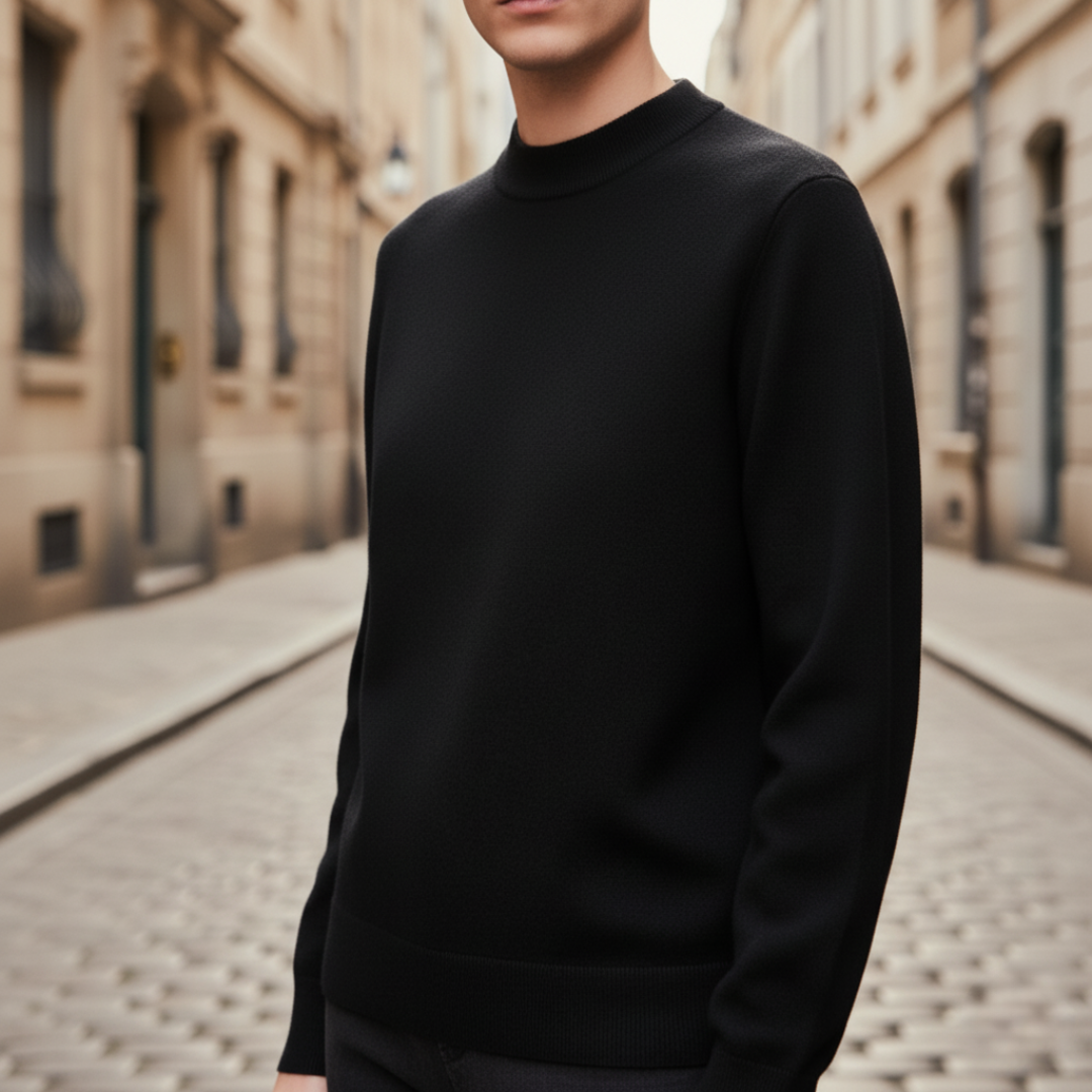 Men's dark mock neck sweater regular fit fine knit ribbed cuffs hem everyday layering