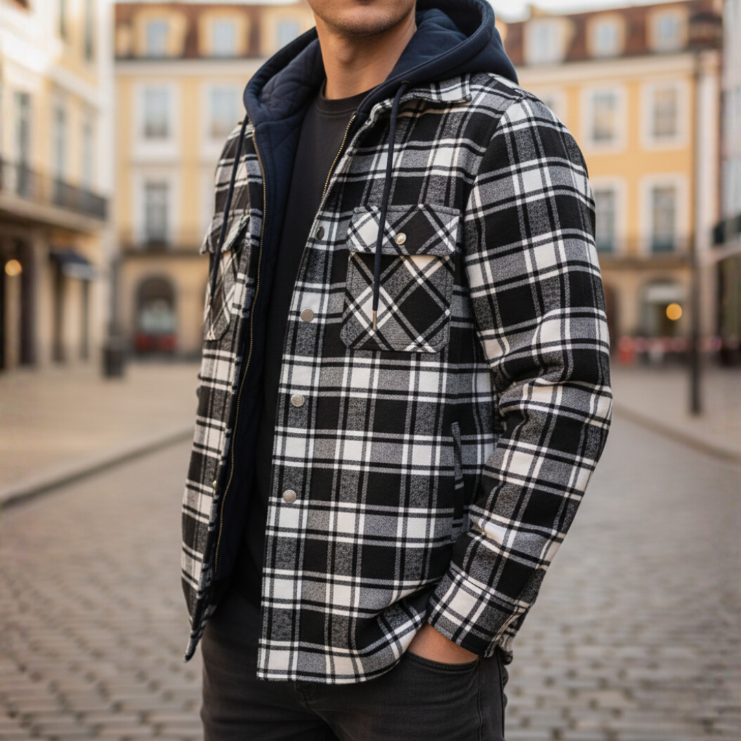 Men's blue black beige flannel hooded zip jacket checkered pattern with front pockets casual everyday