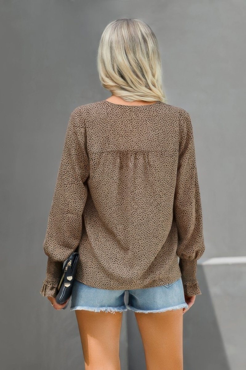 Women's brown dotted ruffle sleeve V-neck blouse loose fit lightweight casual fall top
