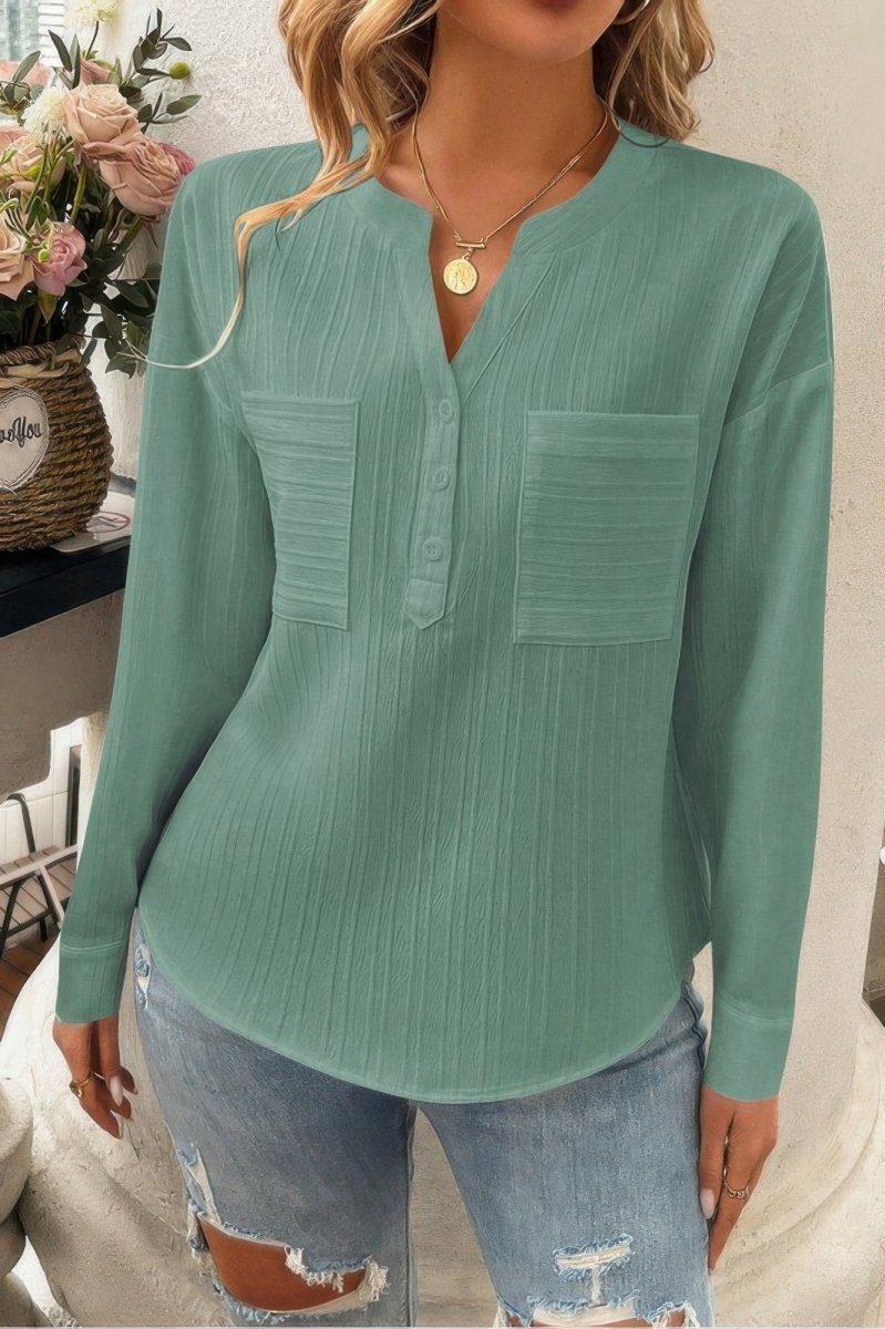 Lightweight drop shoulder V-neck blouse with pleated neckline, relaxed office fit for women