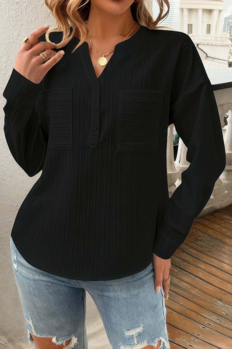 Lightweight drop shoulder V-neck blouse with pleated neckline, relaxed office fit for women