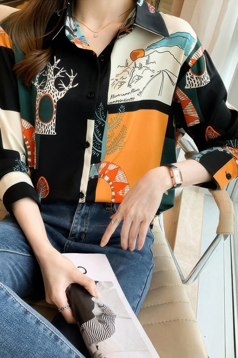 Women's loose fit drop shoulder blouse chain print summer top relaxed chic style