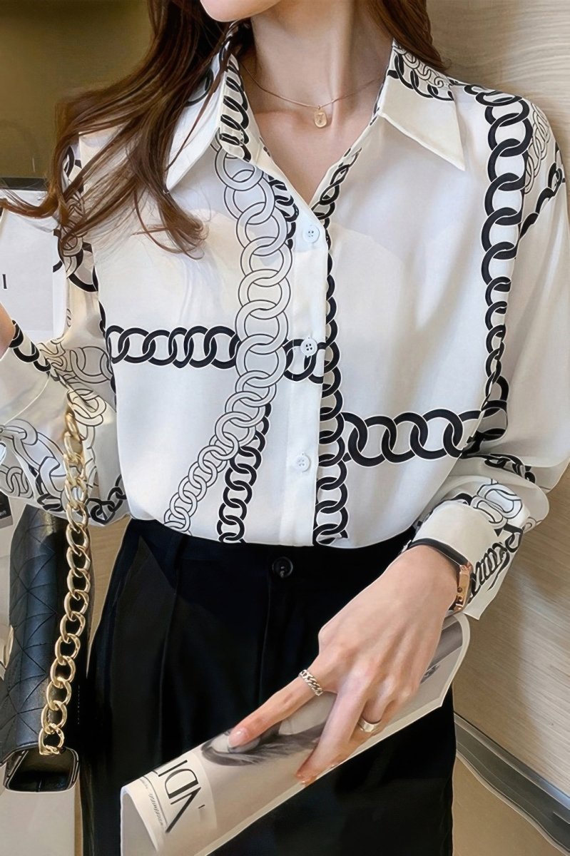 Women's chain print drop shoulder loose fit blouse, relaxed summer top with effortless chic style
