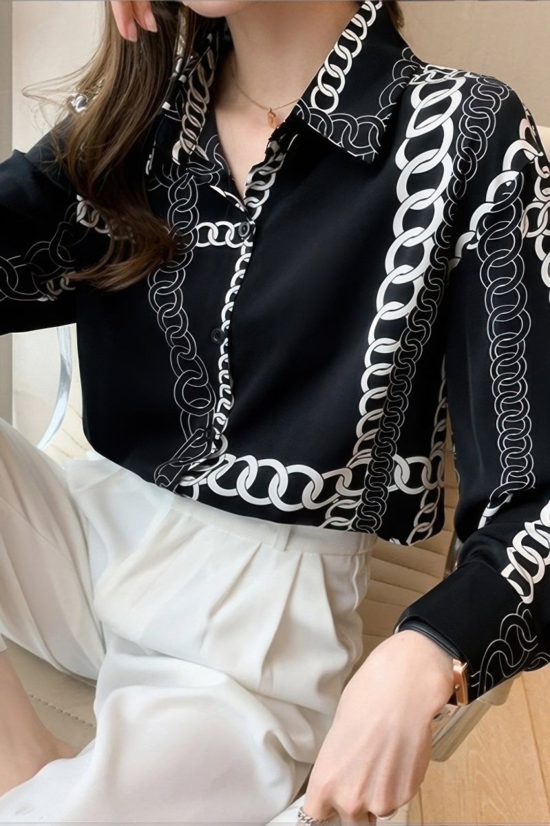 Women's chain print drop shoulder blouse loose fit summer top effortless chic polyester