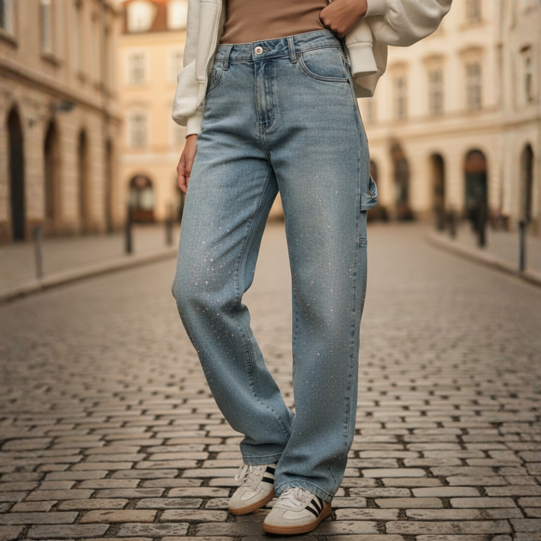 Women's straight-leg blue denim jeans with rhinestone embellishments for everyday urban glam