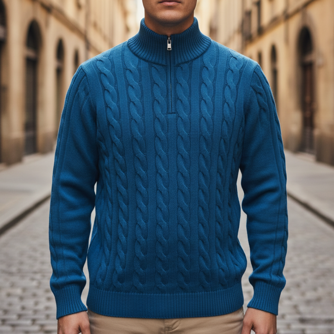 Men's cable knit half-zip turtleneck sweater in classic style with textured pattern for everyday warmth