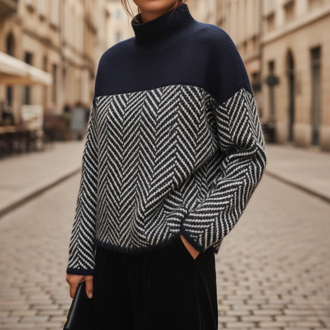 Women's zigzag knit turtleneck sweater relaxed fit cozy warm elegant textured pattern