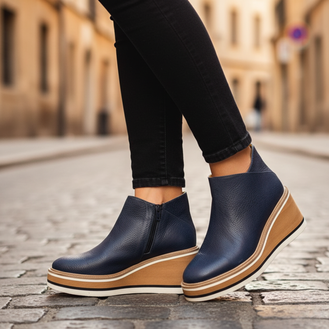 Women's black faux leather ankle boots with side zipper and stable wedge heel for everyday wear