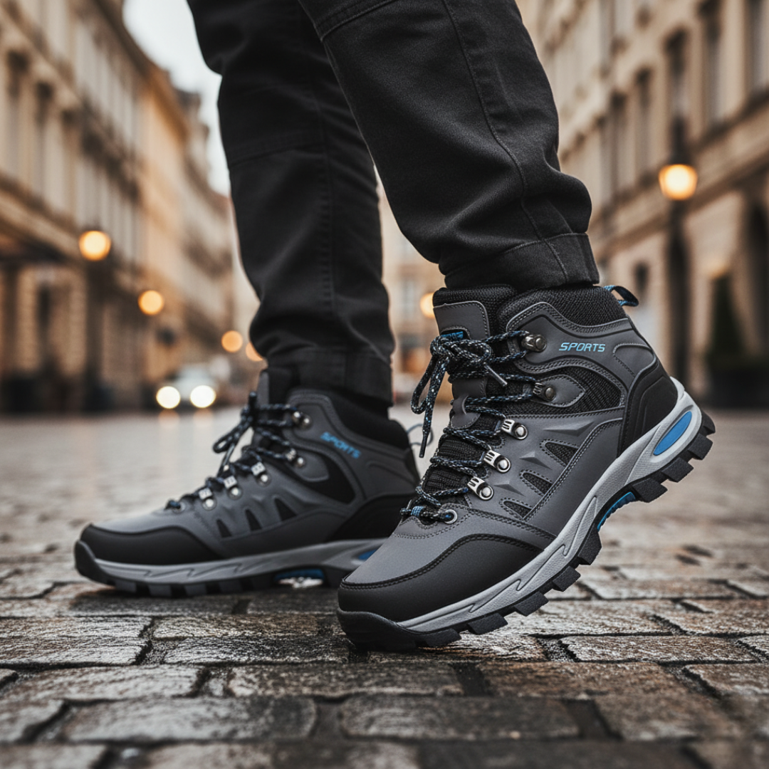 Men's waterproof lace-up hiking shoes with non-slip sole, built for rugged outdoor terrain