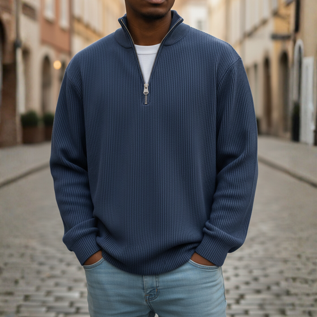 Men's high neck zip knit sweater soft ribbed comfort casual everyday autumn winter versatile fit