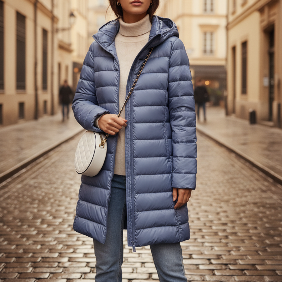 Women's long quilted down winter coat with hood, water-resistant insulation, tailored fit