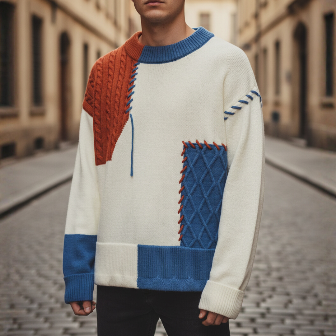 Men's color block crewneck sweater in contrasting tones, soft knit casual fit for autumn winter