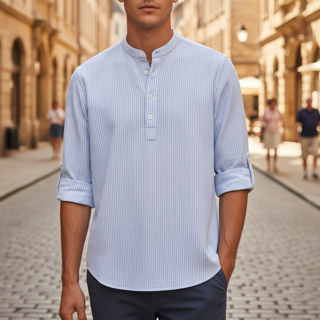 Beige honeycomb knit men's Henley shirt ergonomic fit with buttoned collar adjustable sleeves