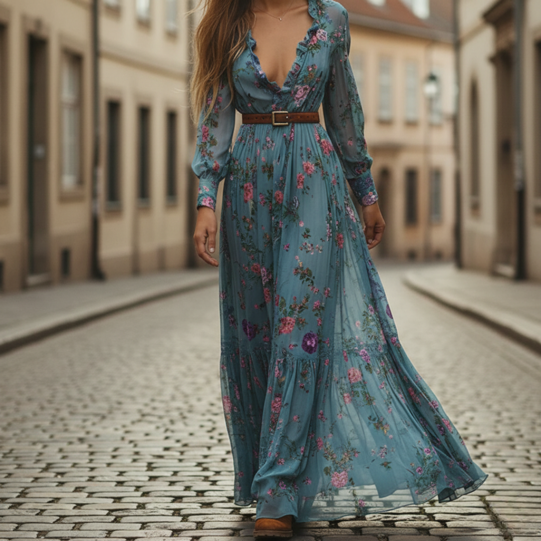 Floral Chiffon Dress For Women Lightweight Breathable V Neck With Belt