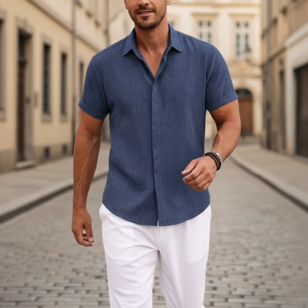 Men's short sleeve casual shirt lightweight breathable blended fabric subtly textured weave everyday comfort