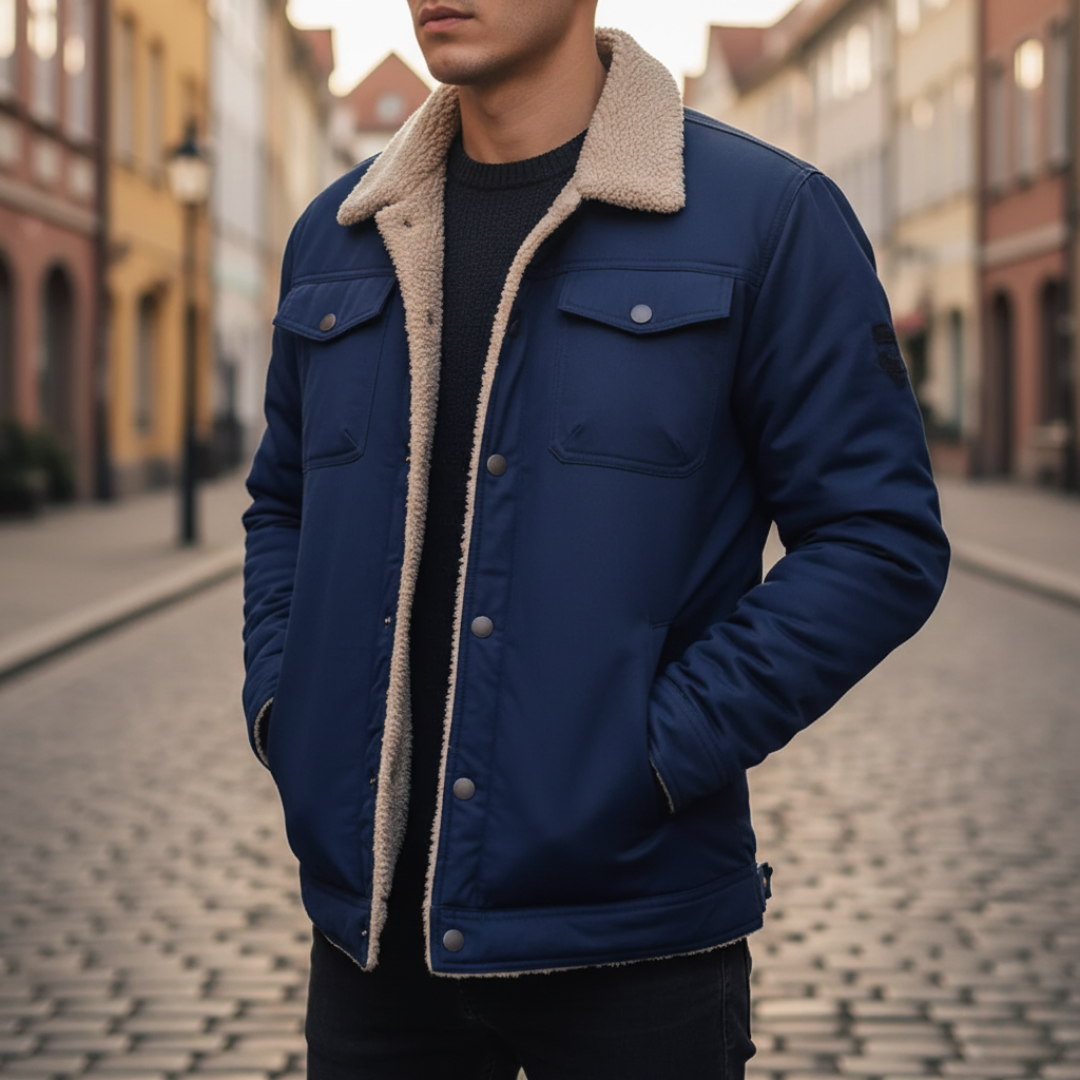 Men's winter jacket with internal fur lining, available in black, blue, green, beige, and brown