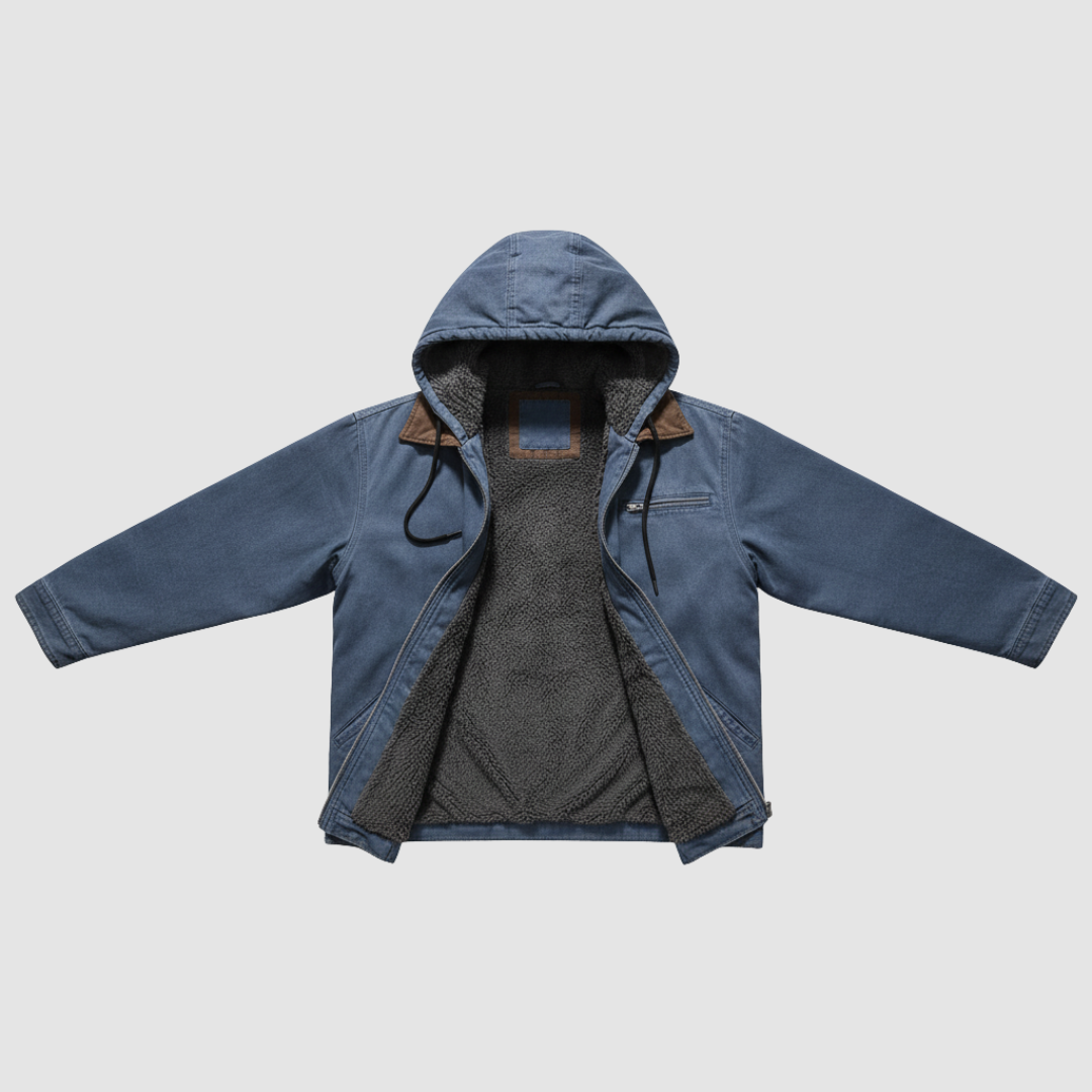 Men's hooded jacket warm lined interior front zip side pockets casual outdoor cold weather