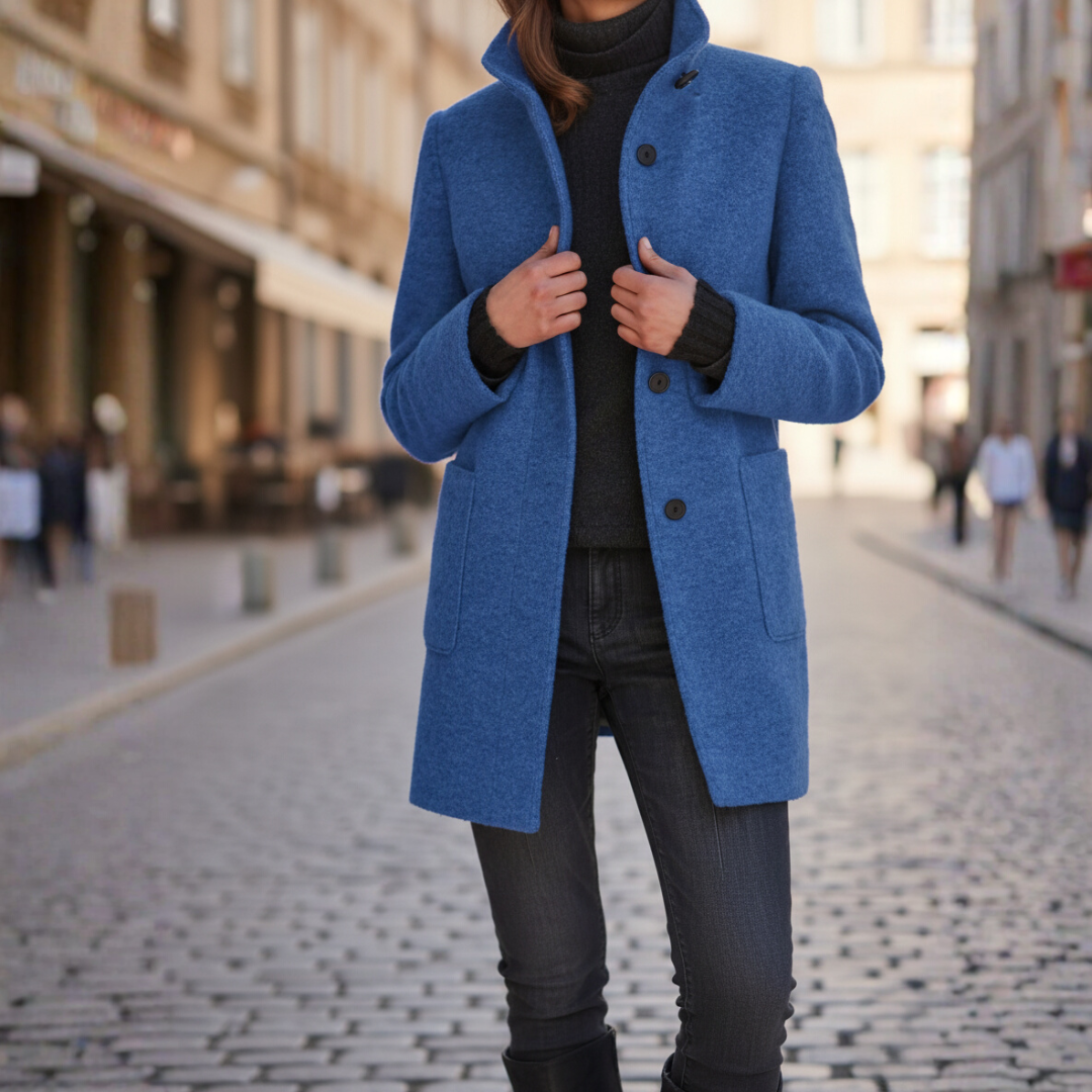 Women's hooded winter jacket in city-ready silhouette with built-in hood for cold weather warmth