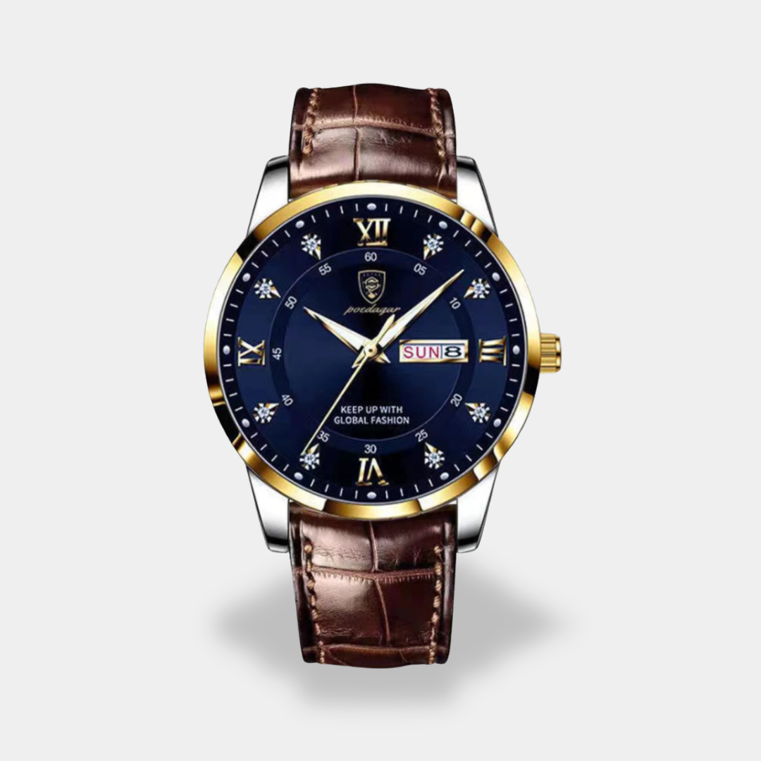 Men's chronograph watch black dial steel case leather strap elegant formal timepiece