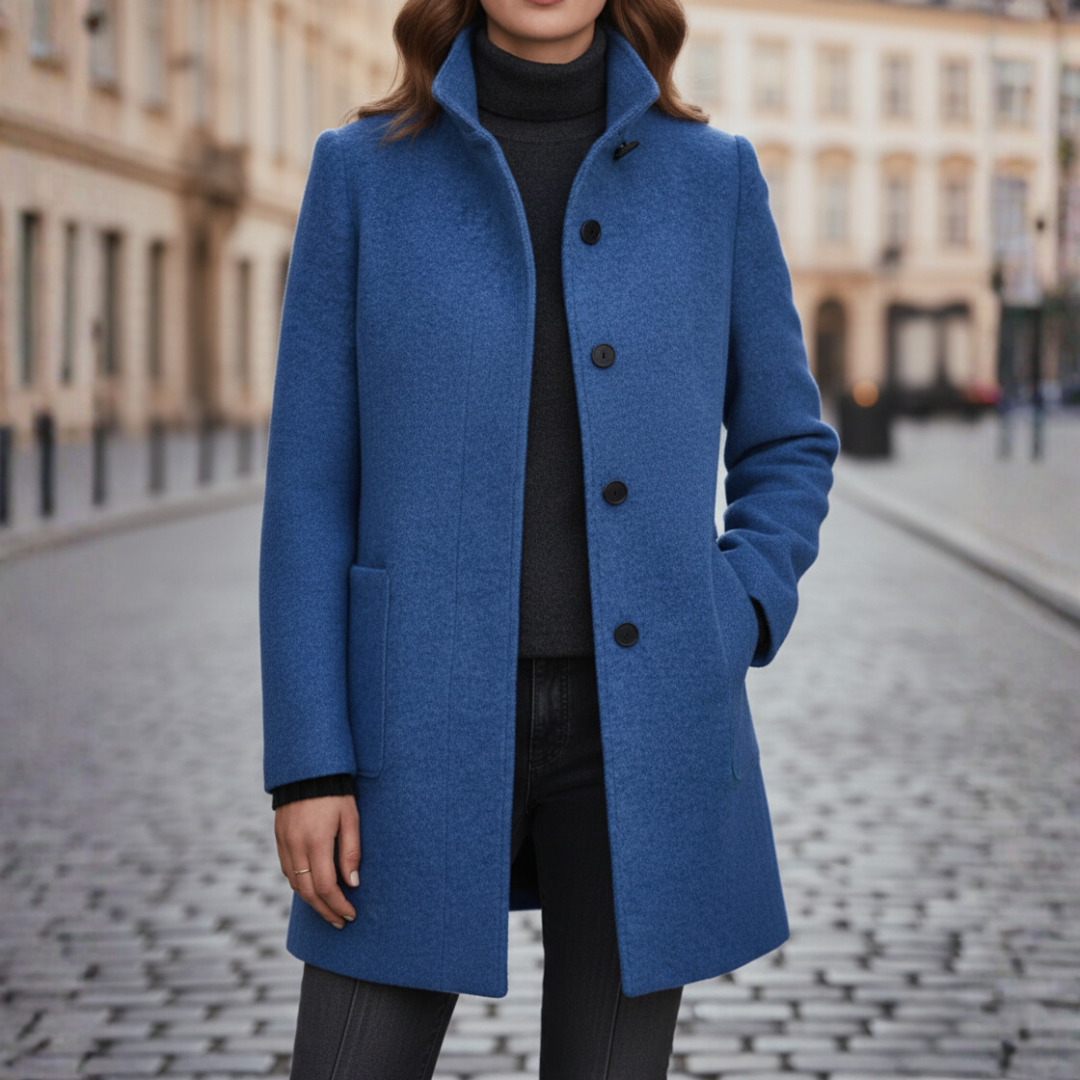 Women's polyester winter coat with black buttons, side pockets, versatile silhouette for casual or formal wear