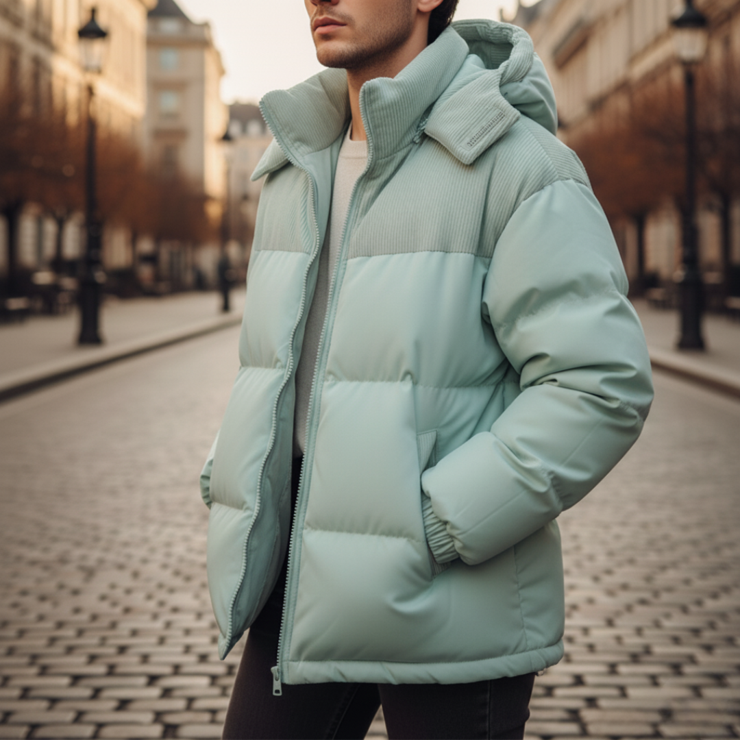 Men's windproof hooded puffer down jacket for outdoor adventures, durable cold-weather coat
