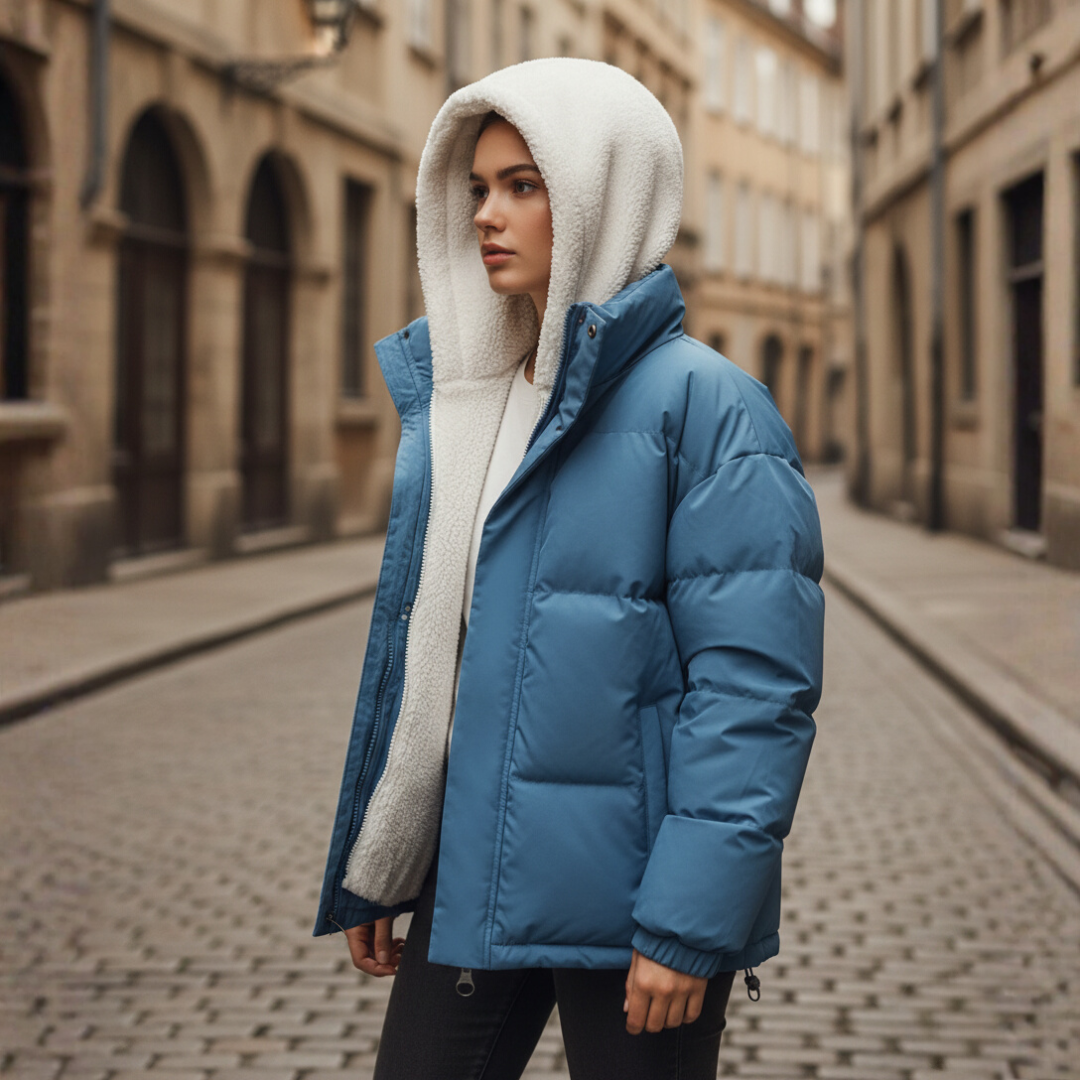 Women's black waterproof hooded down jacket with faux fur trim, windproof insulated outdoor fit