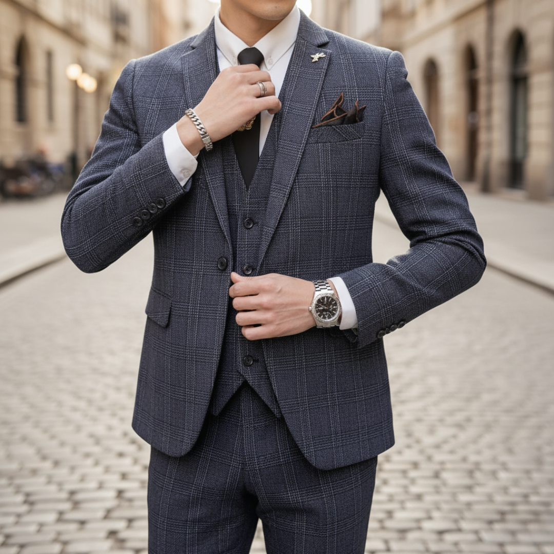 Men's checkered 3-piece suit tailored fit jacket vest trousers professional formal set