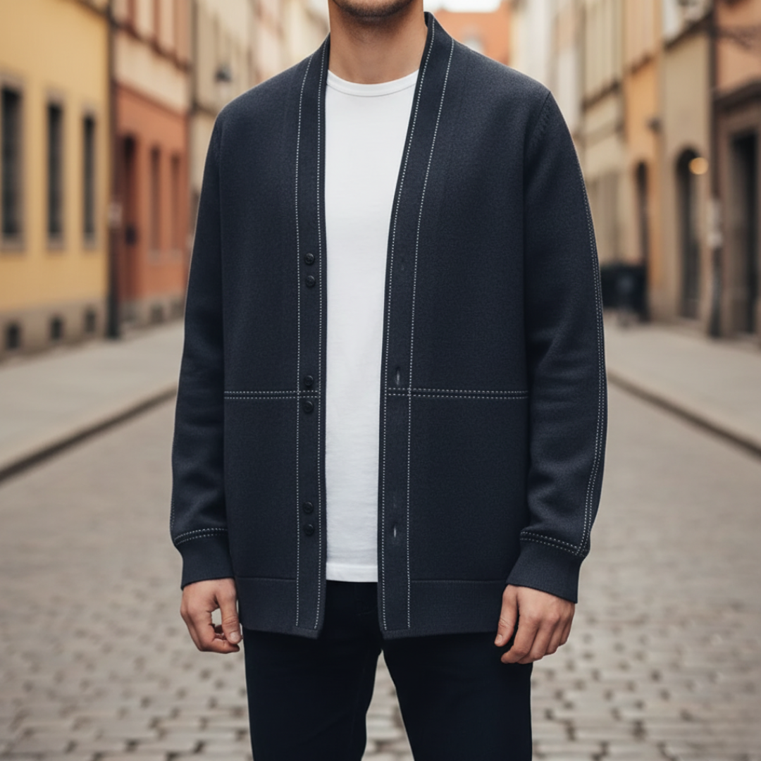 Men's mixed material knit cardigan with front buttons long sleeves in black blue or gray