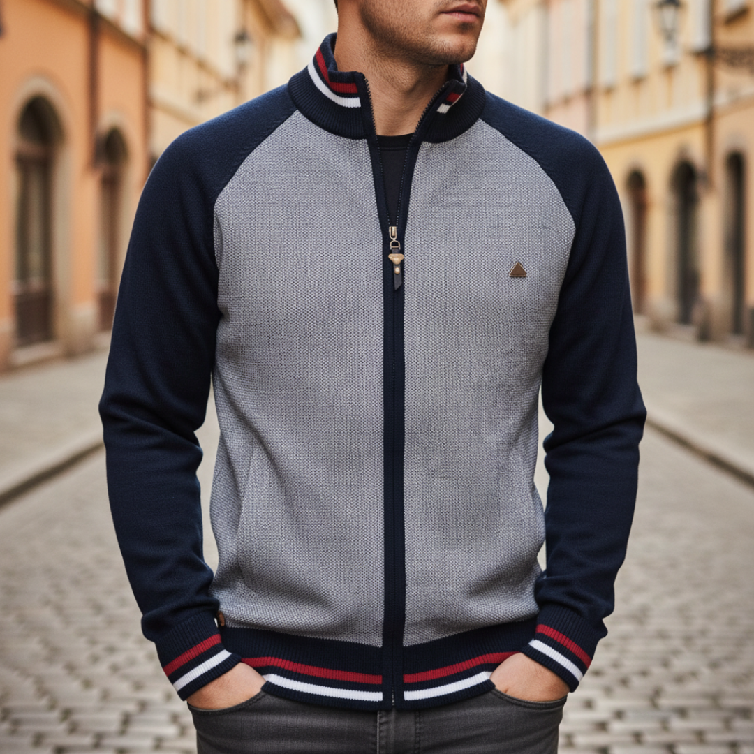 Men's zip-up polyester sweatshirt sporty style with striped cuffs and hem, durable casual layer