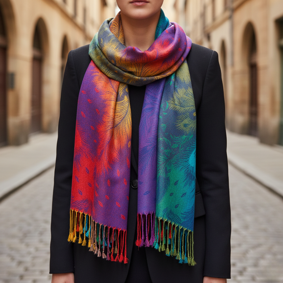 Women's multicolor peacock feather pattern lightweight soft scarf with vibrant draped design