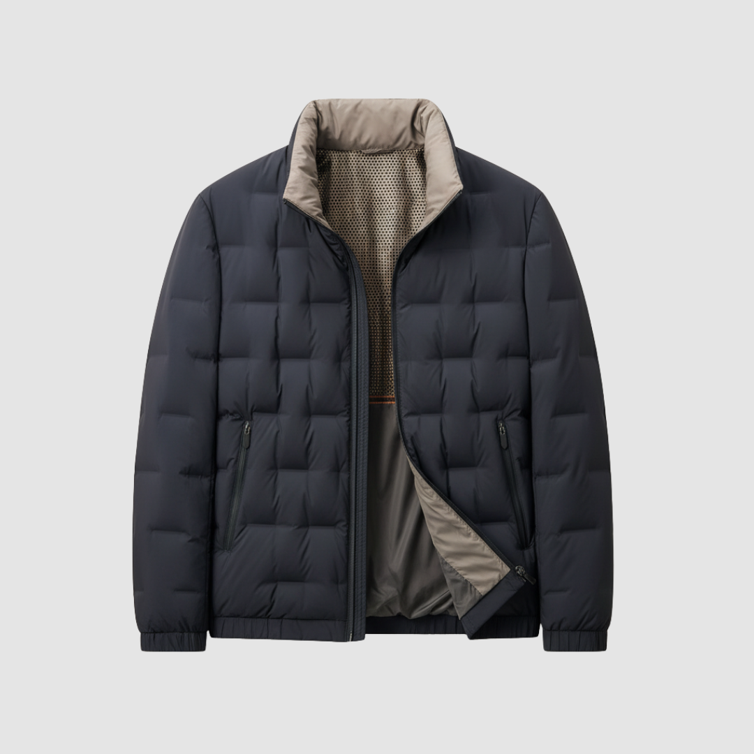 Men's black quilted jacket with front zip closure, lightweight insulation, and dual side pockets