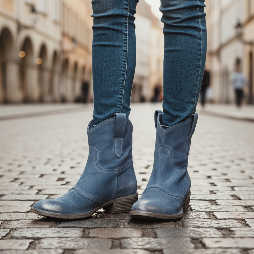 Women's faux leather Chelsea boots in black, blue, brown, gray, and purple with sleek elastic side panels
