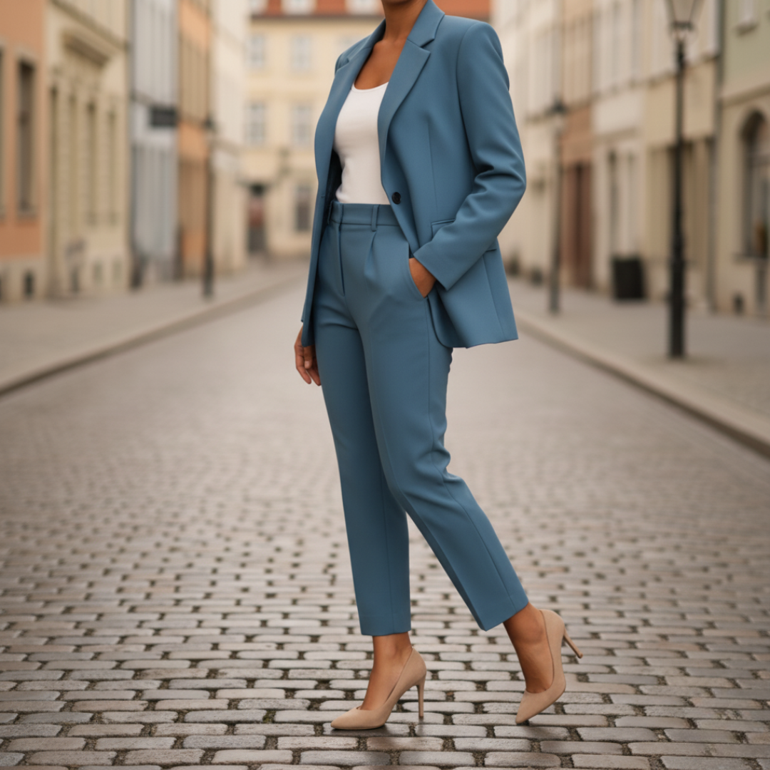 Women's tailored suit jacket and pants set in beige, blue, or brown, professional two-piece with soft fabric