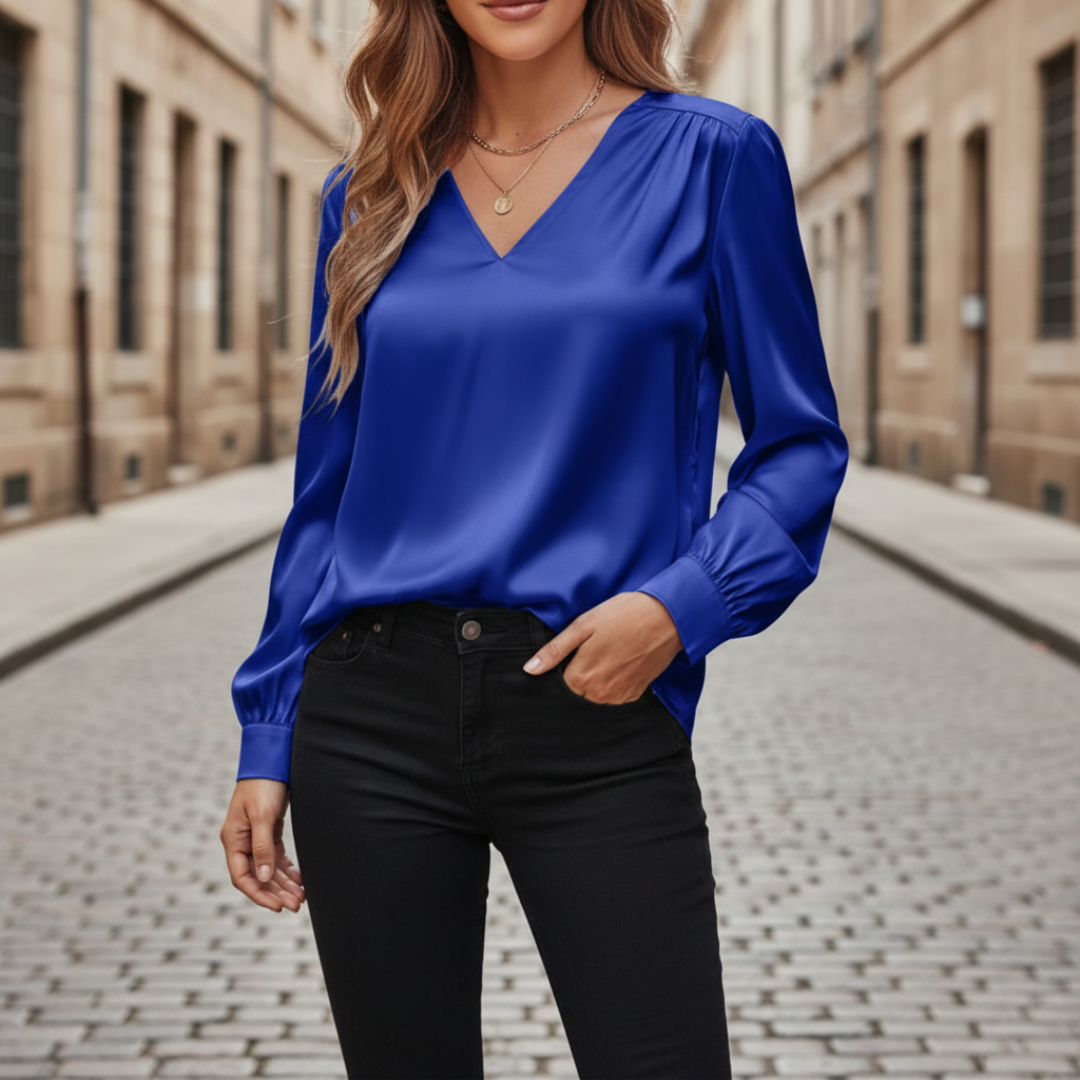 Women's satin long sleeve V-neck blouse, silky lightweight fabric with front closure for elegant office wear