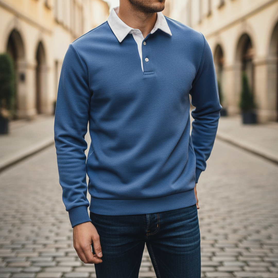 Men's navy polo sweatshirt soft fabric classic collar relaxed fit versatile casual office weekend wear